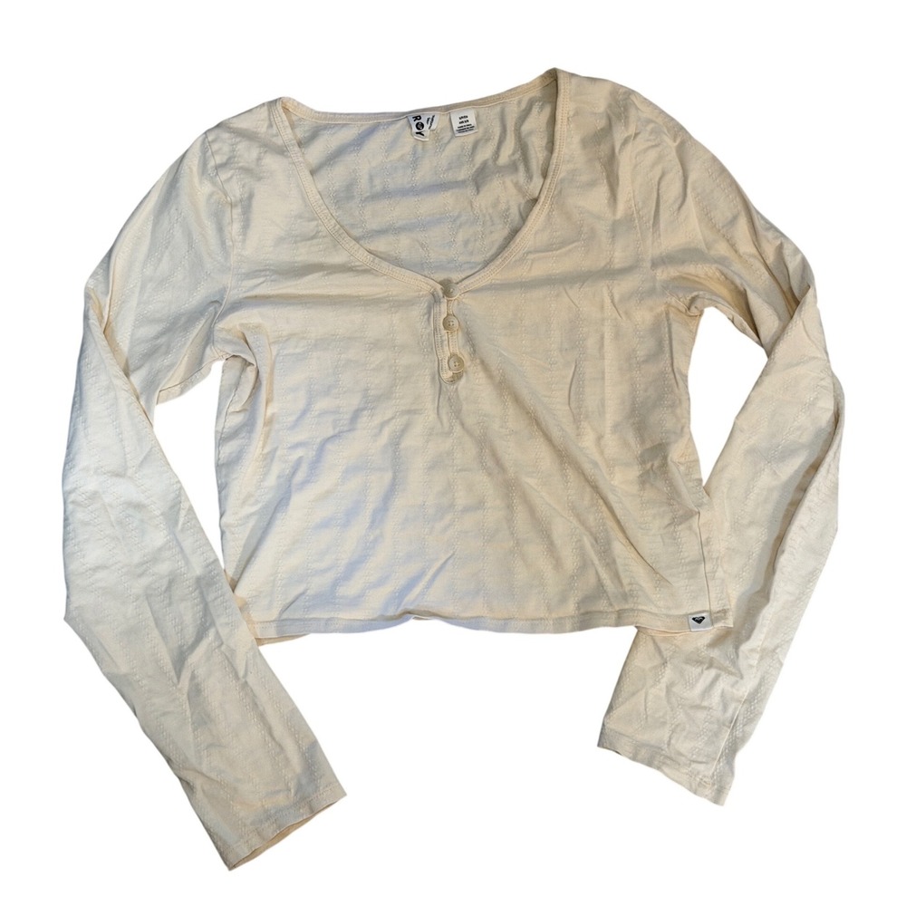 Y2K Roxy Cream Pointelle Knit Long Sleeve Henley Cropped Top Small Coquette Surf